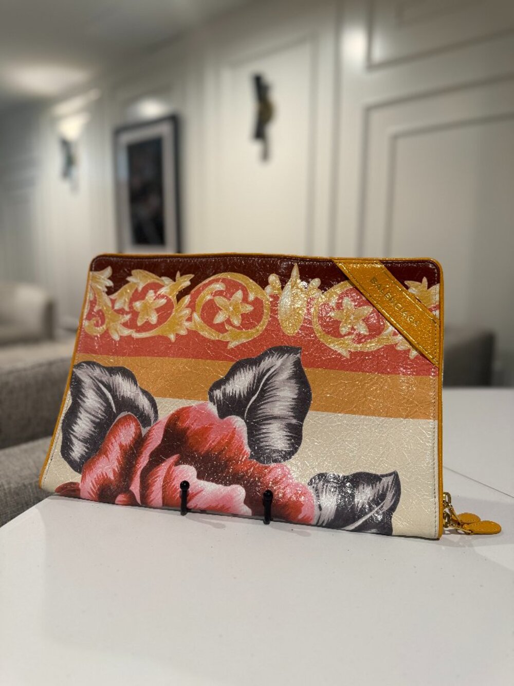 Balenciaga Floral Print Leather Zip Clutch Authenticated